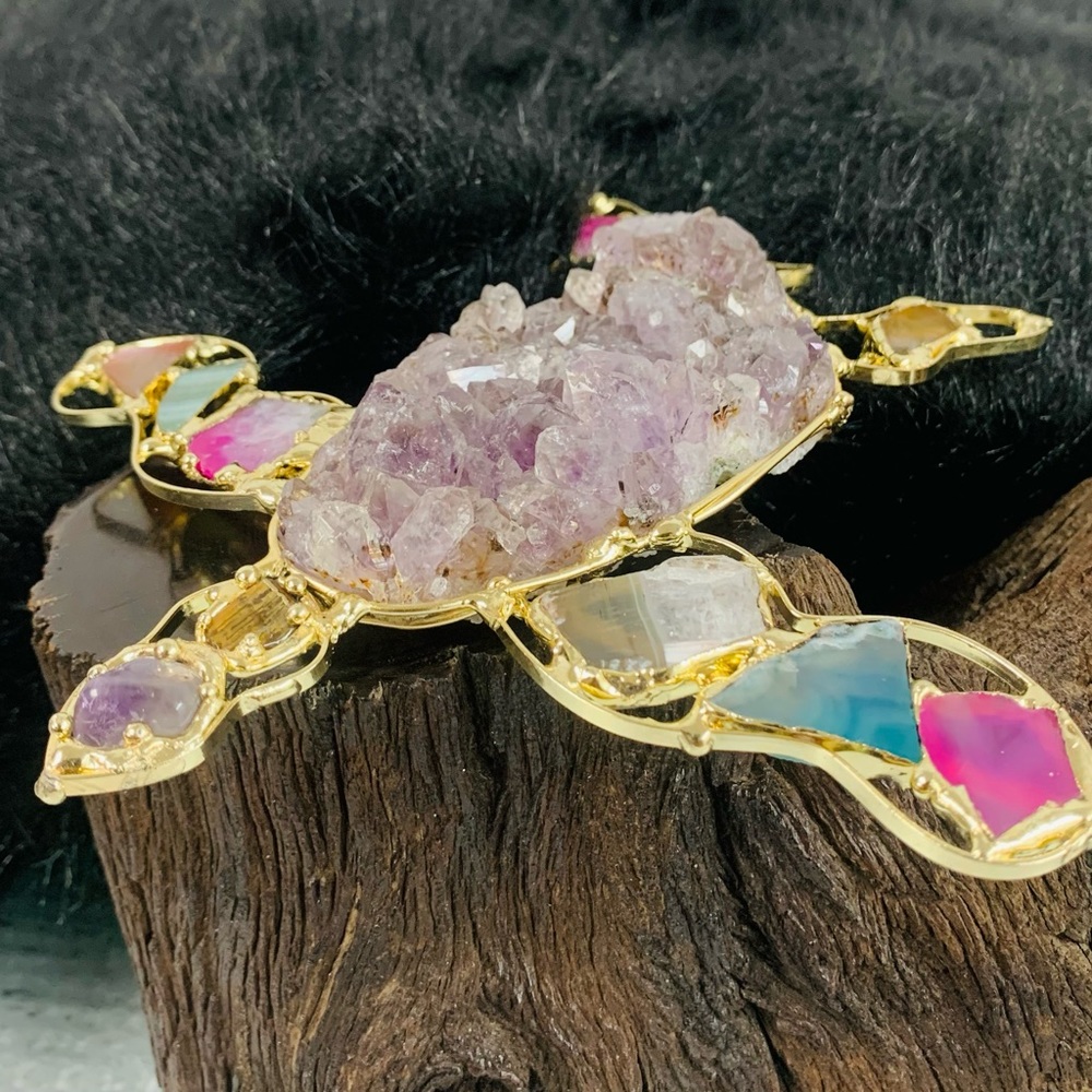 Handcrafted Tumbaga, Gemstone, and Quartz Sea Turtle Artisanal Art Decor